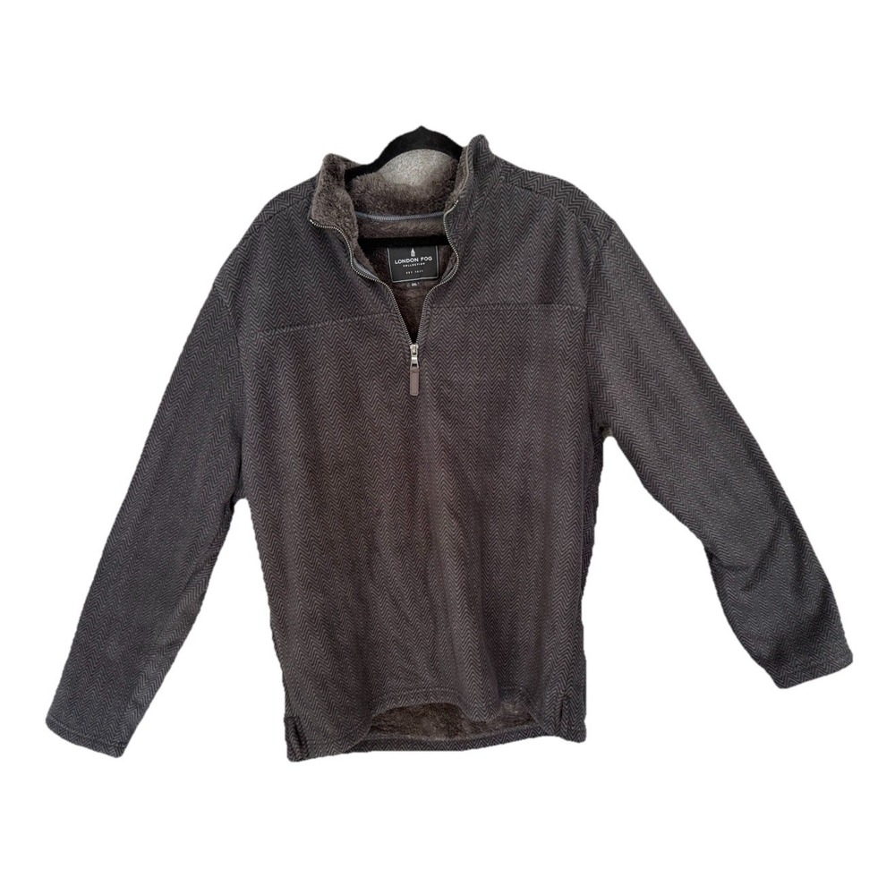 London Fog 1/4 Zip Pullover‎ Mens Sz 2XL Gray Herringbone Sherpa Fleece Lined